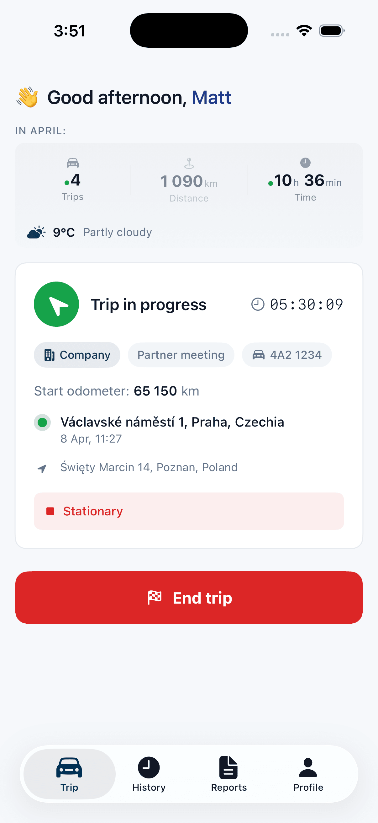 Autokilometry mobile app recording trips automatically with GPS