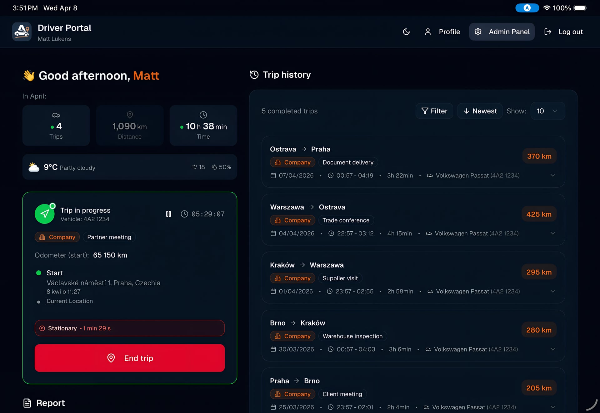 Autokilometry web app: driver portal in dark mode