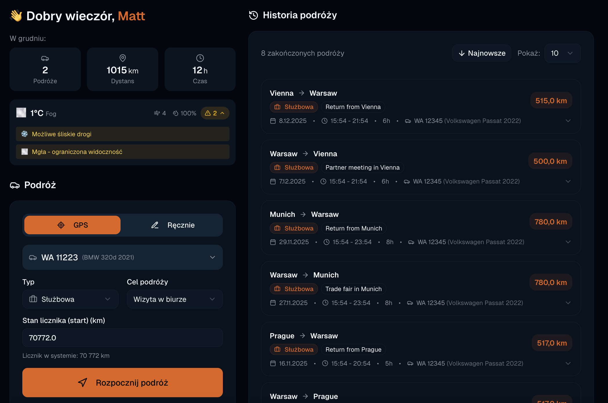 Autokilometry - Panel kierowcy